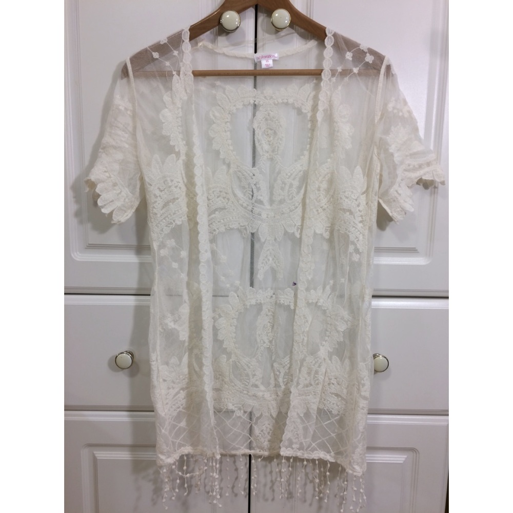 White lace crochet fringe trim kimono jacket